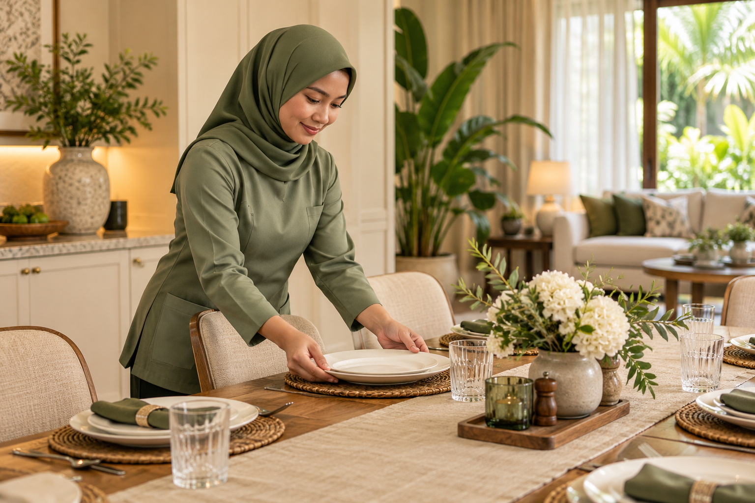 Visual AI pembantu rumah menyusun meja makan dengan kemas